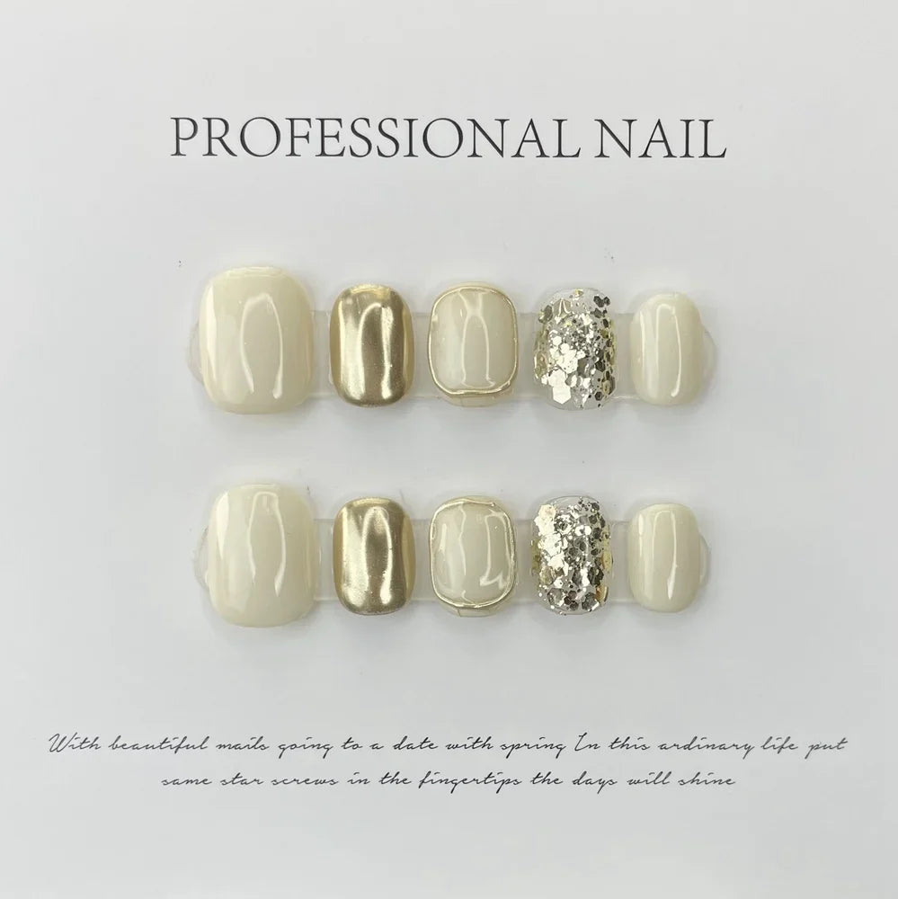 Handmade White Luxury Press on Nails Reusable Adhesive False Nails with Glitter Design Artifical Nail Tips Nail Art for Girls - - DYAVOR®
