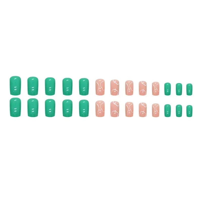 24Pcs Green Short Coffin False Nails White ripples with French Design Wearable Fake Nails Simple Full Cover Press on Nails Tips - - DYAVOR®