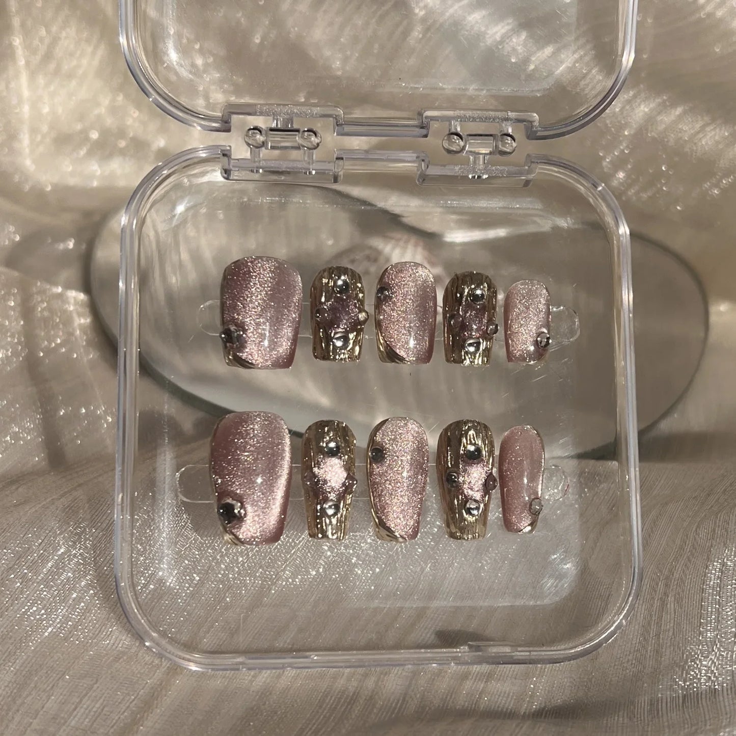 10pcs Handmade short french artificial nails cat eyes shiny rhinestones full cover press on nails ballet false nails with glue - - DYAVOR®