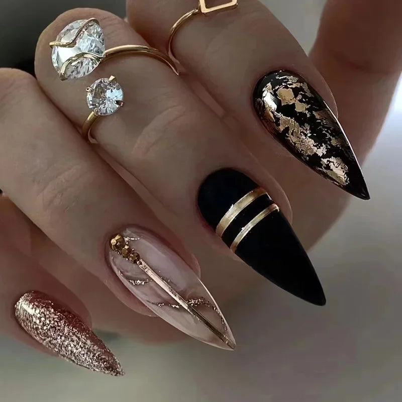 24Pcs Frosting False Nail almond with Golden Glitter Designs French Rhinestone Manicure Stiletto Fake Nails Set Press on Nails - - DYAVOR®