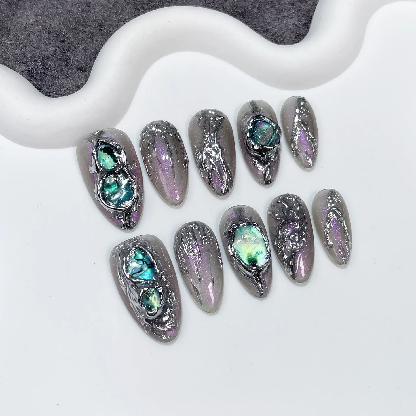 10pcs Aurora cat eyes blue almond coffin false nails with glue detachable handmade y2k hot girls designs artificial nails tips - - DYAVOR®