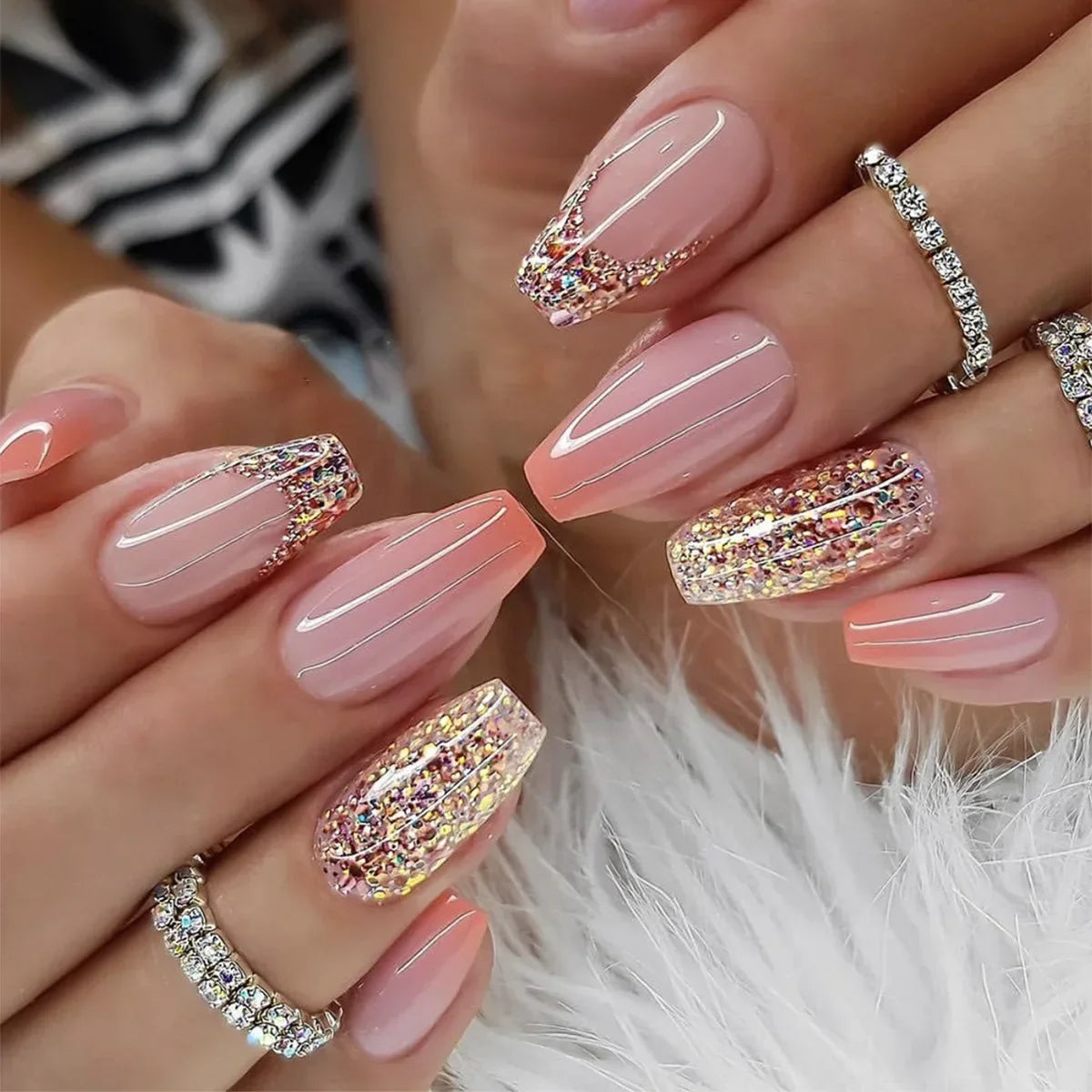 24pcs removeable false nails with glue Gradient Shinny brown coffin glitter Ballet press on nails long full cover fake nails tip
