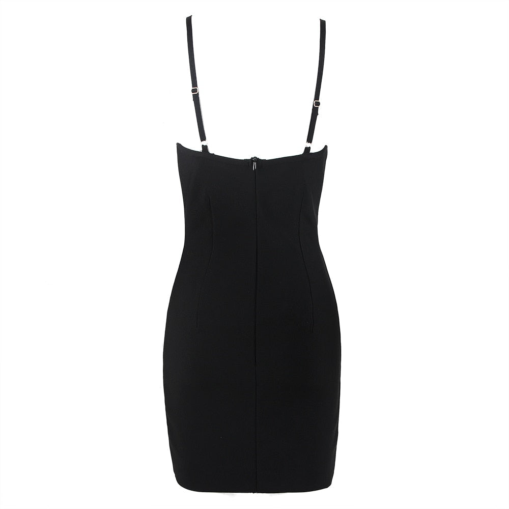Black Mini Dress with Rhinestone Flower - - DYAVOR®