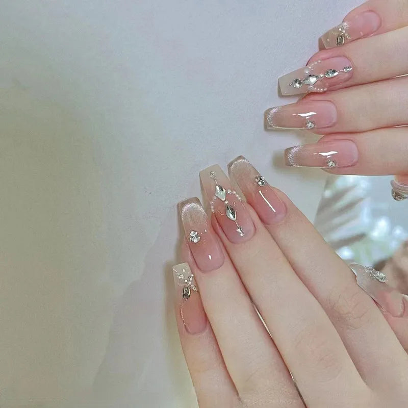 Autumn French False Nails with Butterfly Pearl Decor Bride Fake Nail Wearable Press on Nails Coffin Ballet Nail Tips for Girls - - DYAVOR®