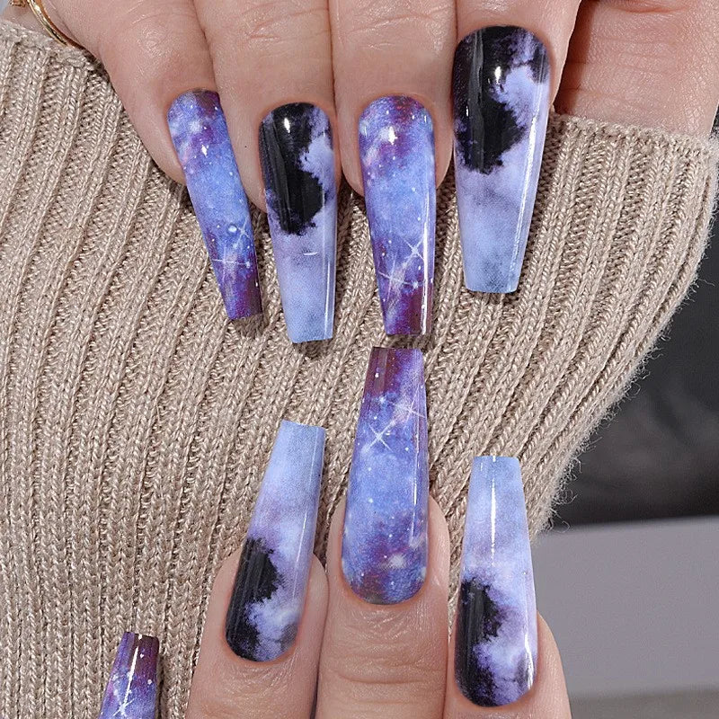 Coffin False Nails Black and White Spotted Cow Pattern Detachable French Ballerina Fake Nails Full Cover Press On Nails Tips - - DYAVOR®