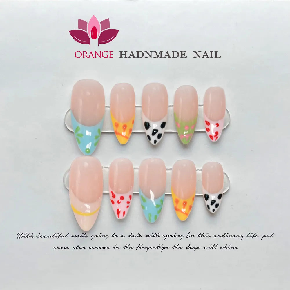 Handmade Almond Press On Nail Reusable French Colorful Fake Nails Full Cover Artificial Manicuree Wearable Orange Nail Store - - DYAVOR®