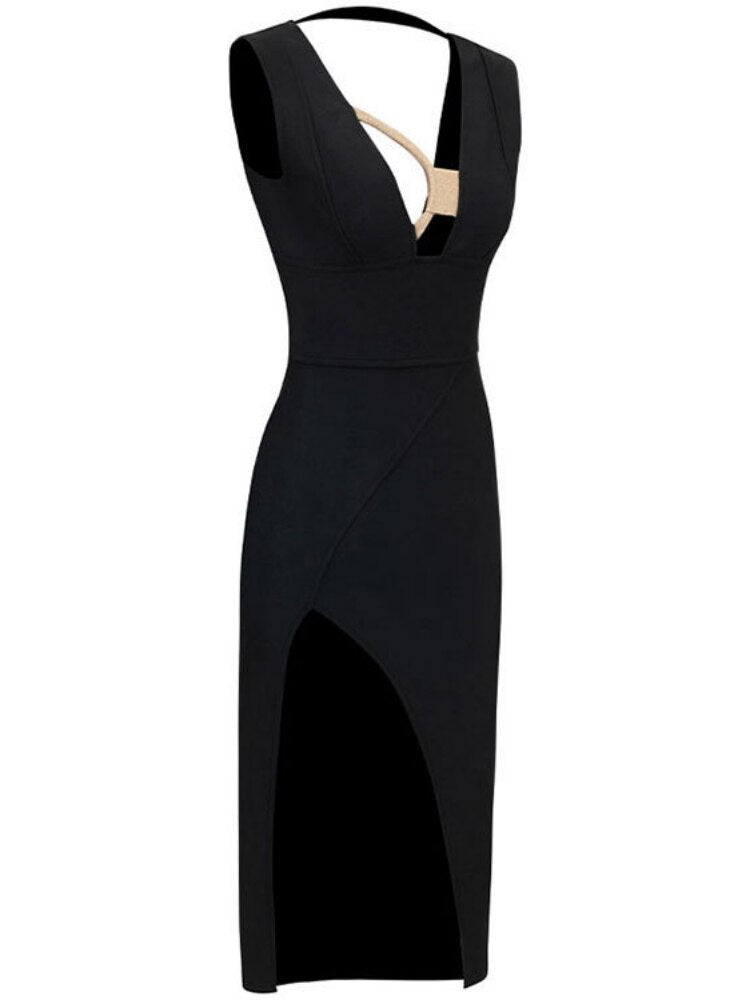 Black Slit Midi Dress with Deep Neckline - - DYAVOR®
