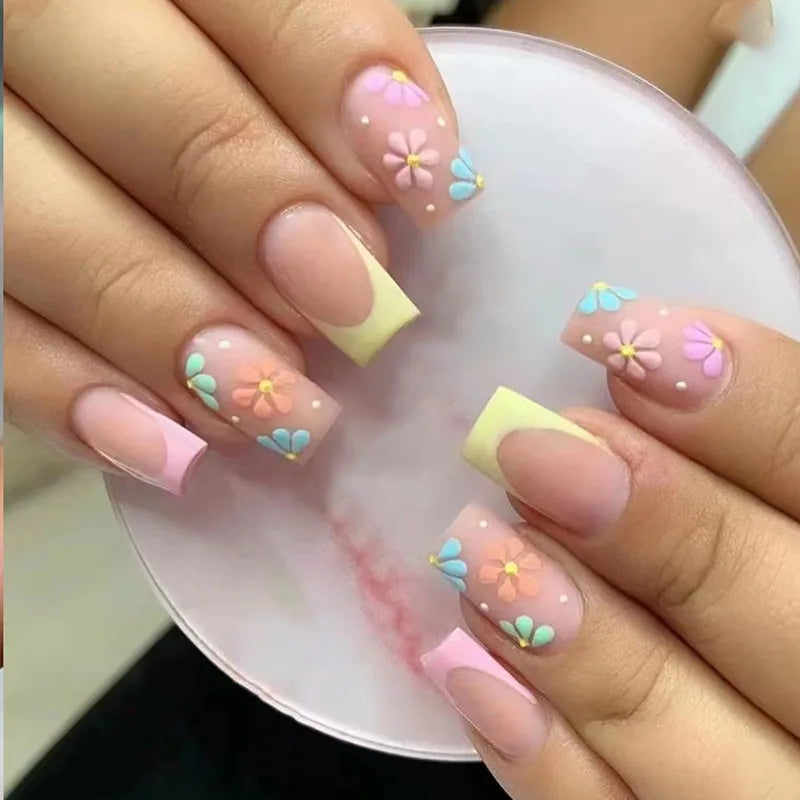 24pcs Colorful Almond Shaped Fake Nails Detachable Press On False Nails Tips French Full Cover False Nails French Manicure tools