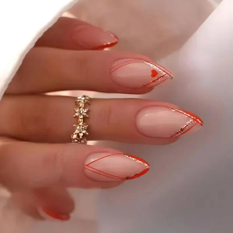 24Pcs Frosting False Nail almond with Golden Glitter Designs French Rhinestone Manicure Stiletto Fake Nails Set Press on Nails