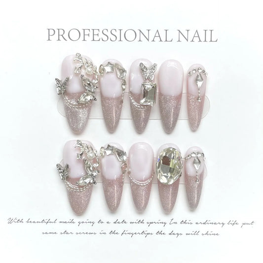 10Pcs Pink Handmade Almond Press on Nails Cat Eye Wearable Rhinestone False Nails Decoration Gradient Manicure Fake Nails Tips -  - DYAVOR®