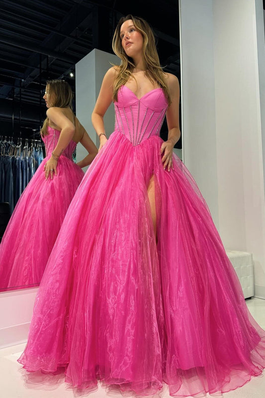 Strapless Beaded Ball Gown with Slit in Hot Pink - Prom Dresses - DYAVOR®