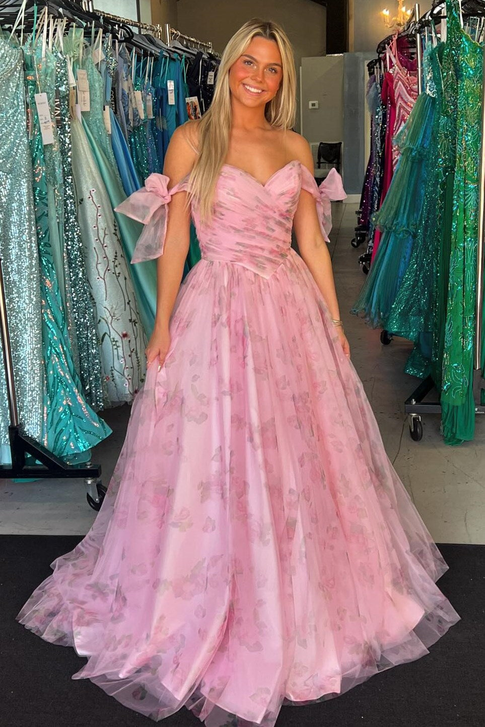 Pink Print Off-the-Shoulder A-Line Long Prom Dress - Prom Dresses - DYAVOR®