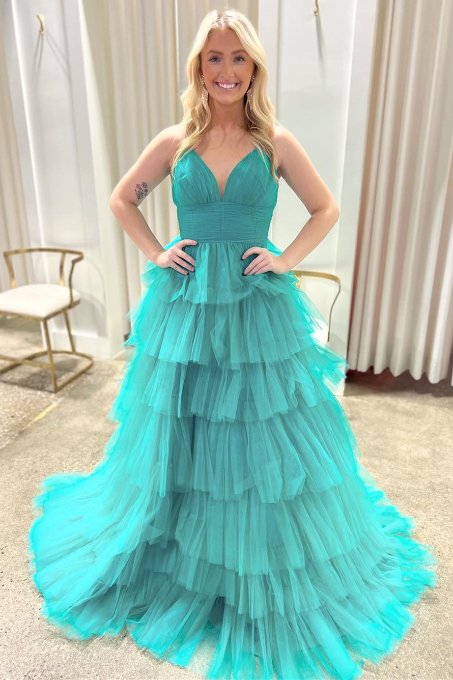 Lavender V-Neck Ruffle Tiered Long Prom Gown - Prom Dresses - DYAVOR®