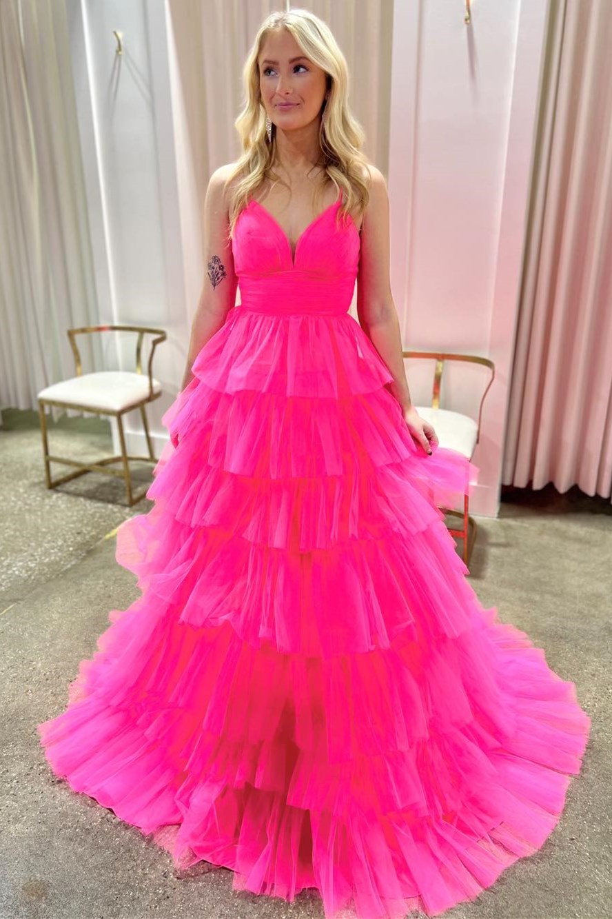 Lavender V-Neck Ruffle Tiered Long Prom Gown - Prom Dresses - DYAVOR®