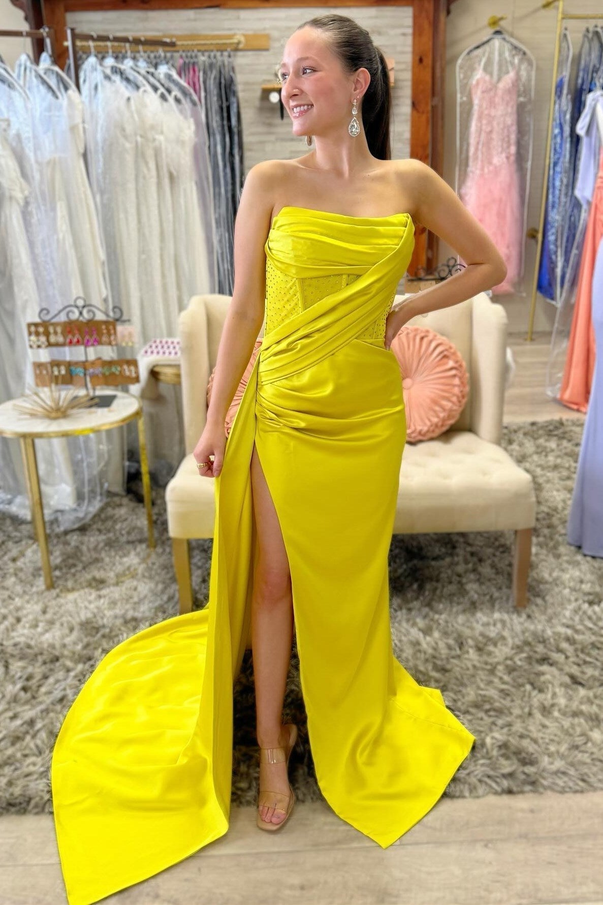 Strapless Beaded Ruched Maxi Dress with Attached Train - Prom Dresses - DYAVOR®