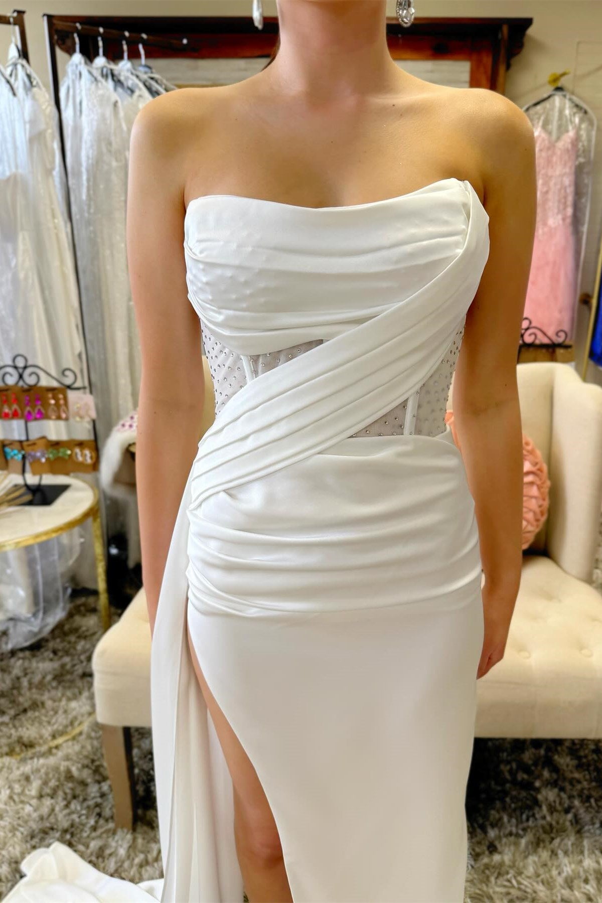 Strapless Beaded Ruched Maxi Dress with Attached Train - Prom Dresses - DYAVOR®