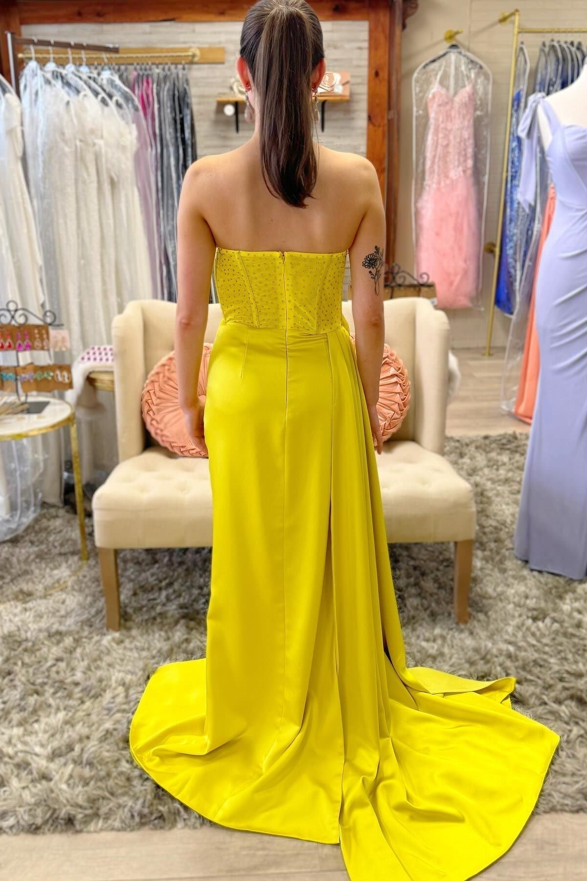 Strapless Beaded Ruched Maxi Dress with Attached Train - Prom Dresses - DYAVOR®