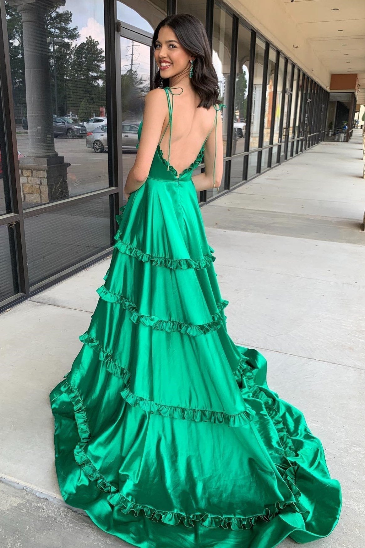 Green V-Neck Backless Ruffle A-Line Prom Gown with Slit - Prom Dresses - DYAVOR®
