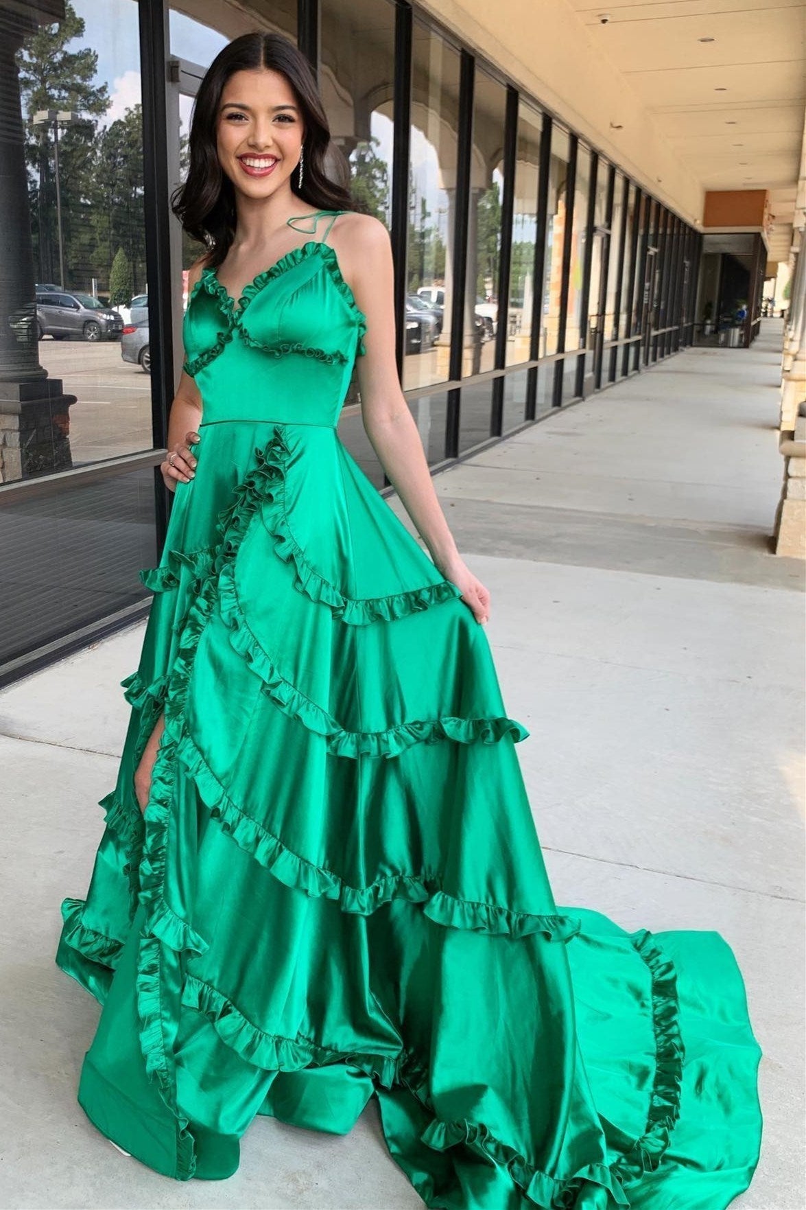 Green V-Neck Backless Ruffle A-Line Prom Gown with Slit - Prom Dresses - DYAVOR®