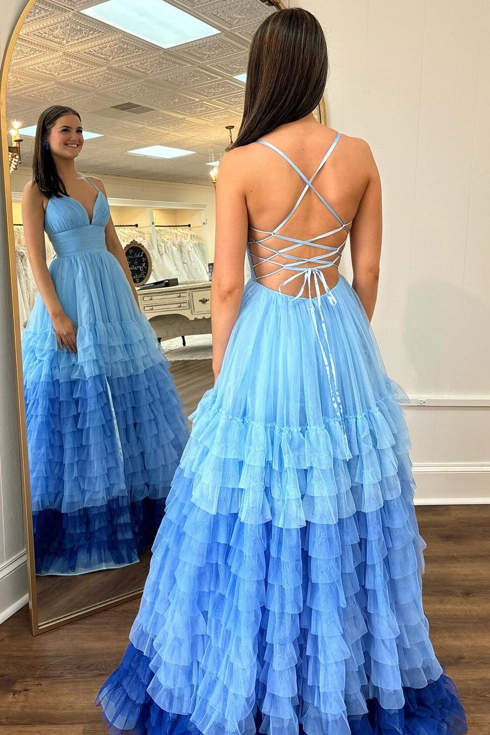 V-Neck Ruffle Tiered Prom Dress in Lavender and Purple Ombre - Prom Dresses - DYAVOR®