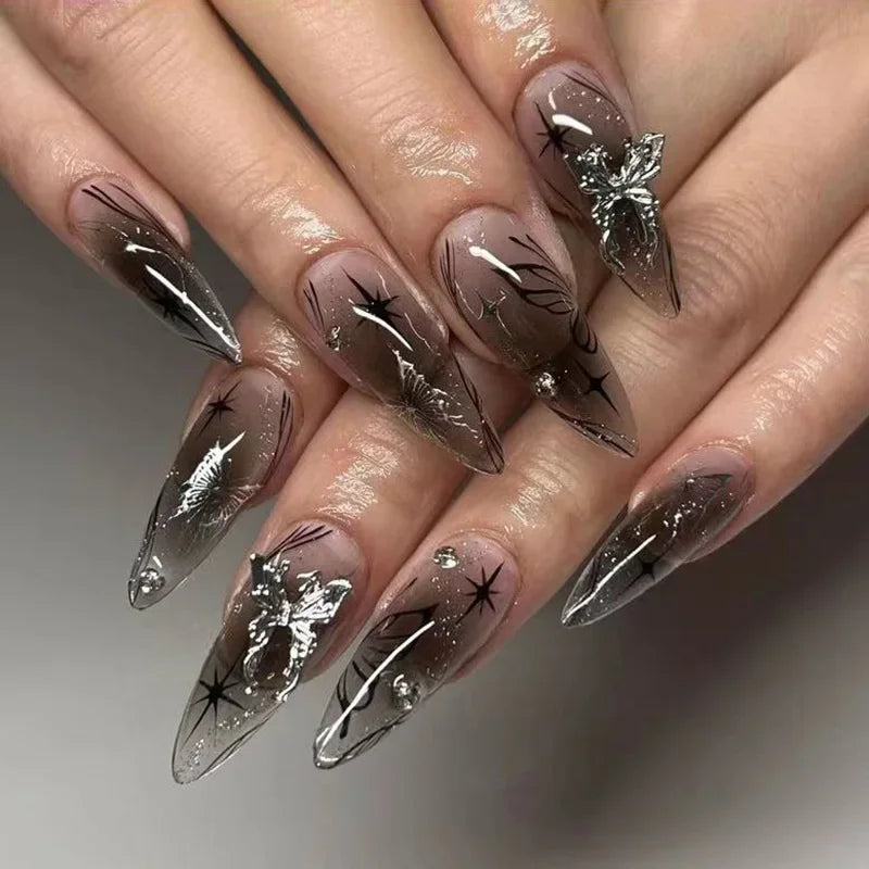 24Pcs French Almond False Nails Glitter with Rhinestones Wearable Fake Nails Artificial Simple Full Cover Press on Nails Tips - - DYAVOR®