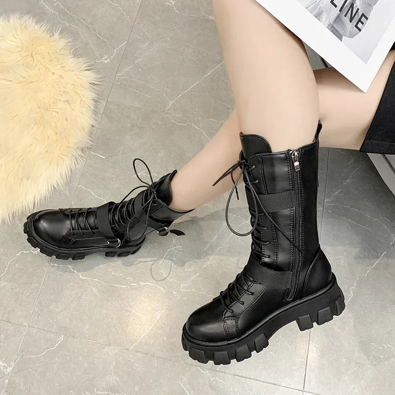 Women Mid-Calf Motorcycle Boots Punk Gothic Black High Heel Cosplay Long Knight Boots Women