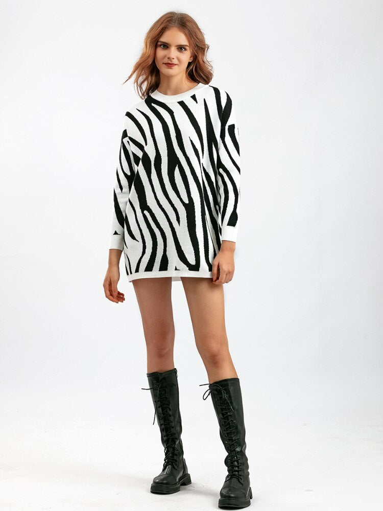 Fashion Woman Blouse 2023 Sweater Autumn Winter New Zebra Pattern Fashion Pullover Round Neck Long Sleeve Top Loose Knitwears - - DYAVOR®