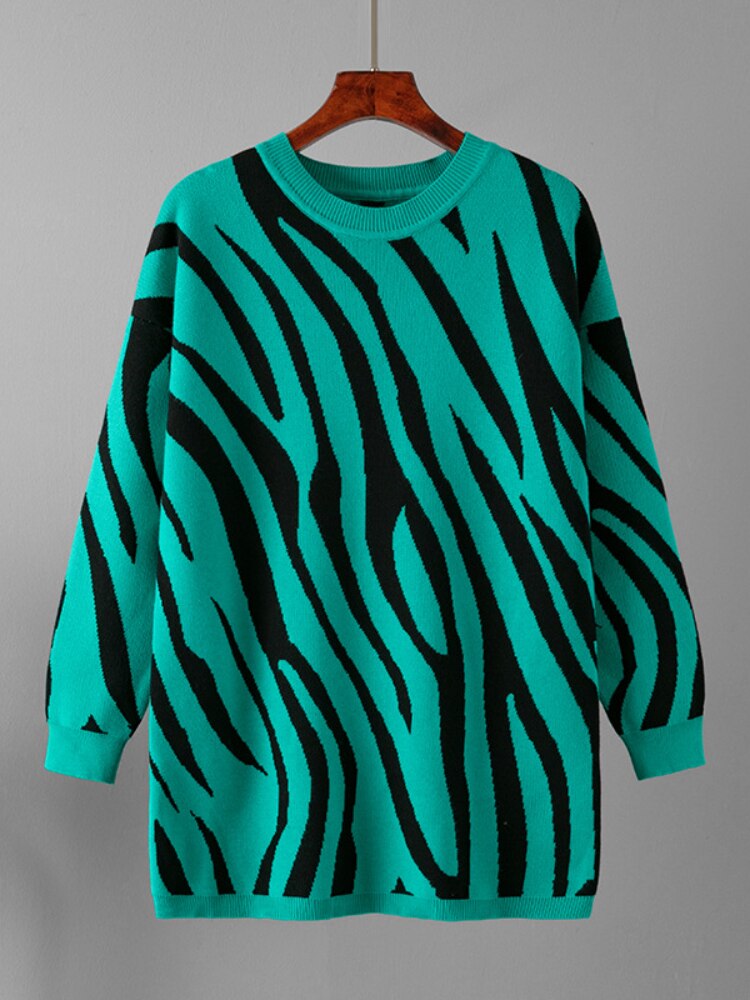 Fashion Woman Blouse 2023 Sweater Autumn Winter New Zebra Pattern Fashion Pullover Round Neck Long Sleeve Top Loose Knitwears - - DYAVOR®