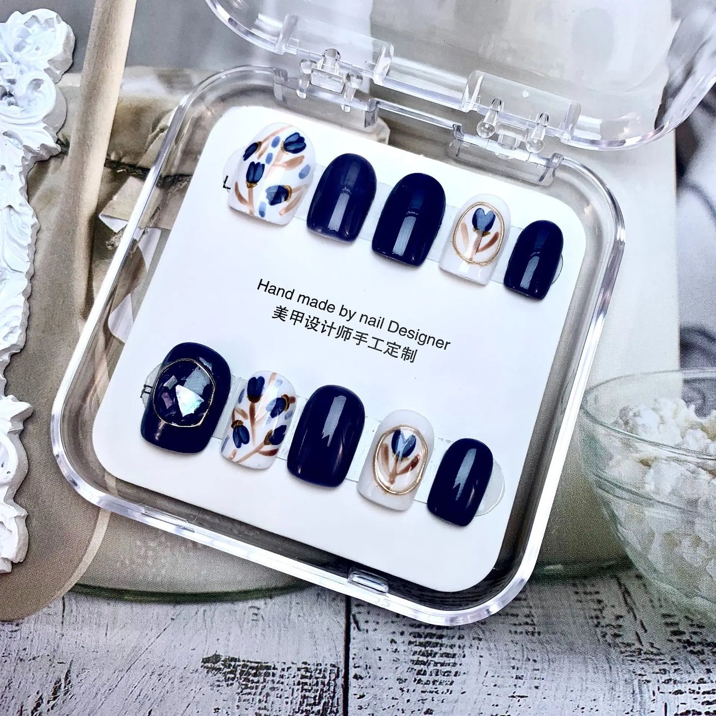 10PCS Blue & White Handmade Porcelain Short Square Nail Tips Chinese Rose Stars False Nails Press On Nail Art Reusable Fake Nail - - DYAVOR®
