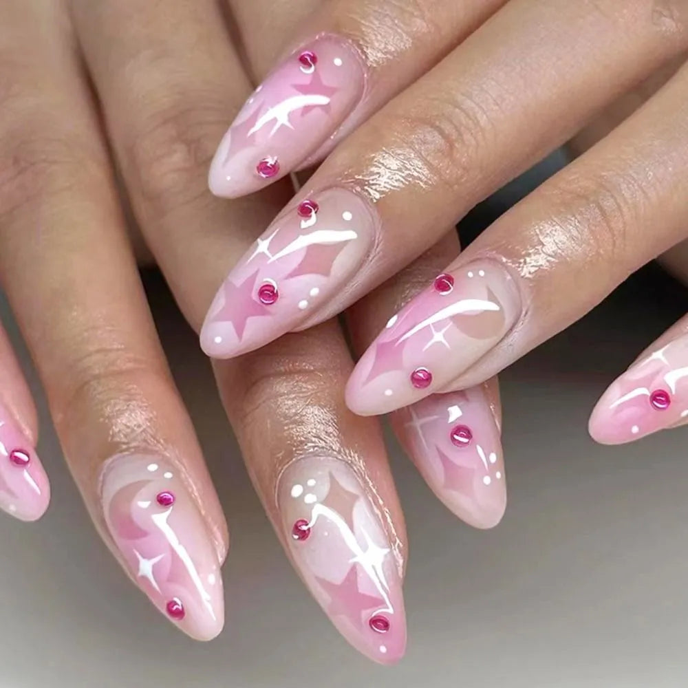 New Simple Star False Nails French Long Almond Fake Nials Detachable Nail Tips Full Cover Press on Nails DIY Manicure Tool - - DYAVOR®