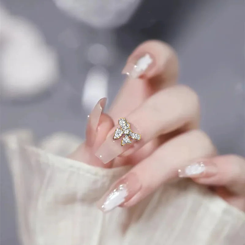 Autumn French False Nails with Butterfly Pearl Decor Bride Fake Nail Wearable Press on Nails Coffin Ballet Nail Tips for Girls - - DYAVOR®