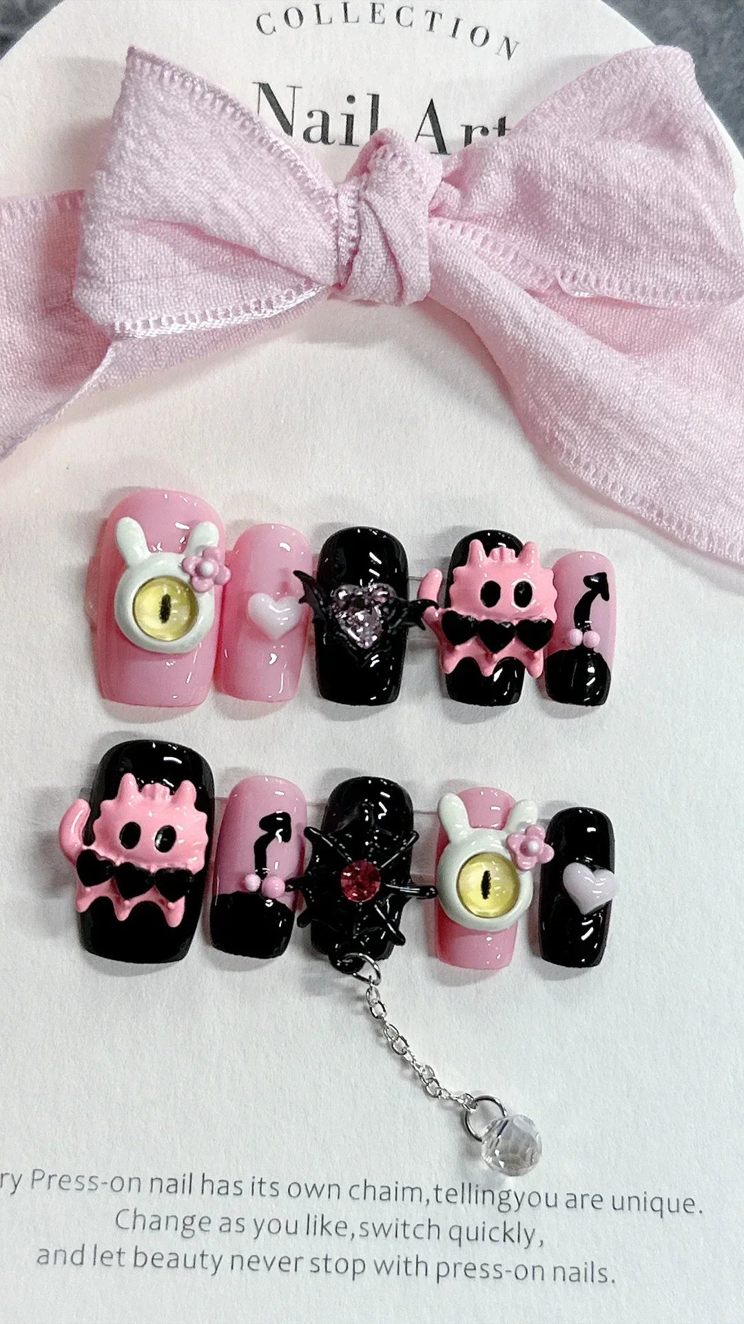10Pcs Handmade Press On Nails with Eye Little Monster Design Wearable Manicure False Nails Decoration Full Cover Nail Tips Art - - DYAVOR®
