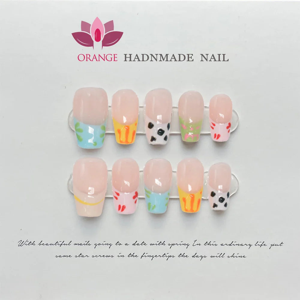 Handmade Almond Press On Nail Reusable French Colorful Fake Nails Full Cover Artificial Manicuree Wearable Orange Nail Store - - DYAVOR®