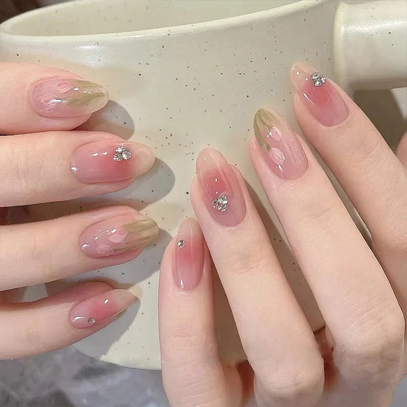 24Pcs/Set Almond Gradient Press On Nail Art Wearable Fake Nails Pointed Simple Ballet Coffin Reusable False Nails Tips Finished