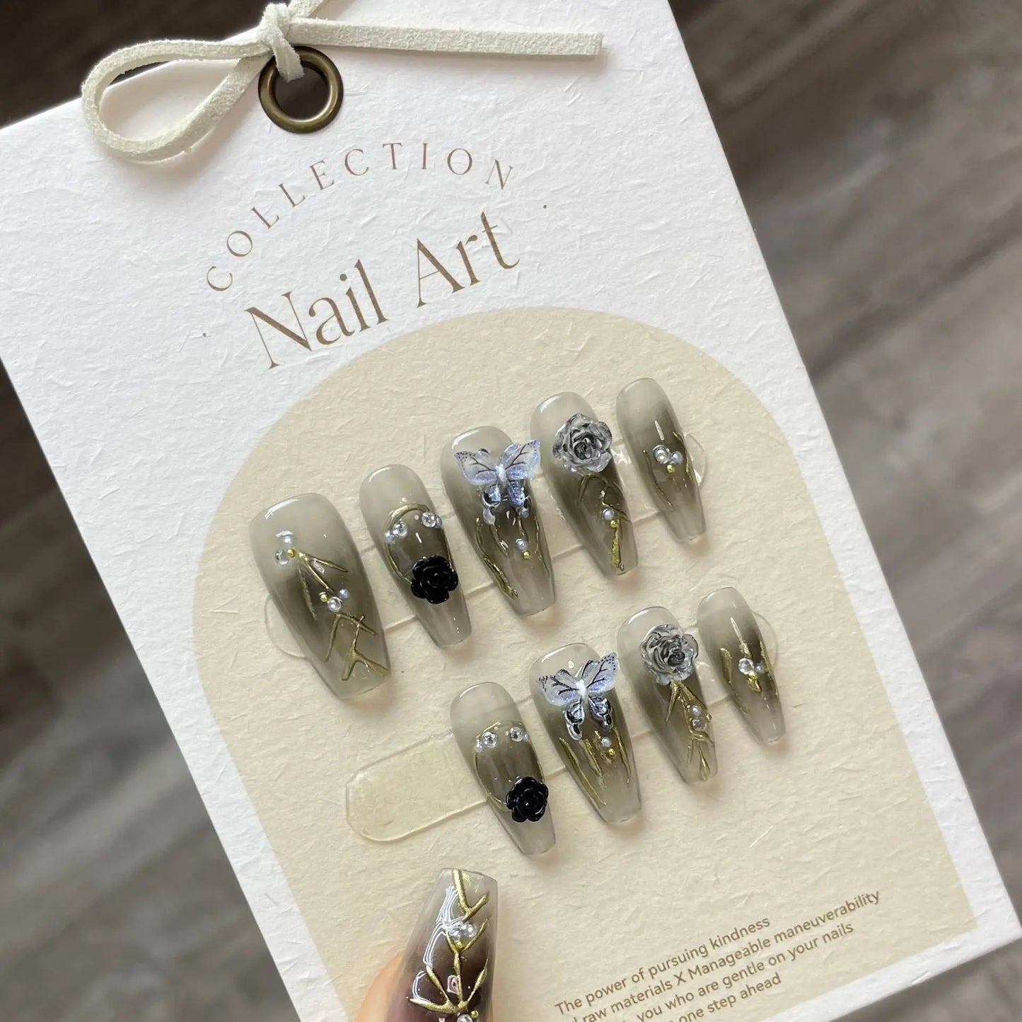 False nails, black handmade rhinestone nail, butterfly design, beautiful women's artificial wearing nails, reusable - - DYAVOR®