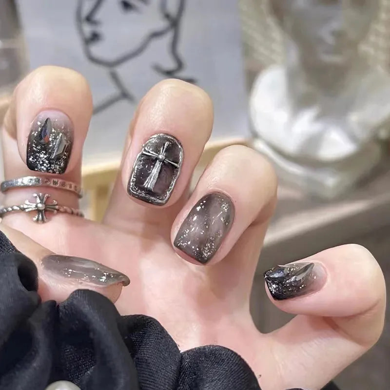 Black Y2K Fake Nails with Glue Artificial Nails Tips with Matte Black Rose Designs Press on Nail False Nails Set Nail Art Tool - - DYAVOR®