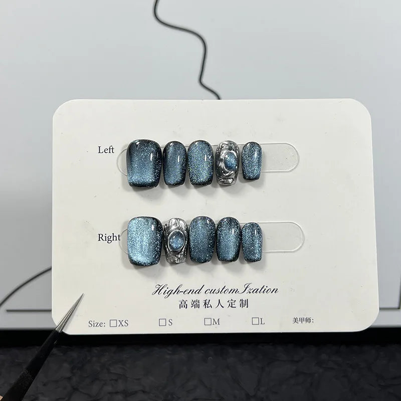 10pcs Aurora cat eyes blue almond coffin false nails with glue detachable handmade y2k hot girls designs artificial nails tips - - DYAVOR®