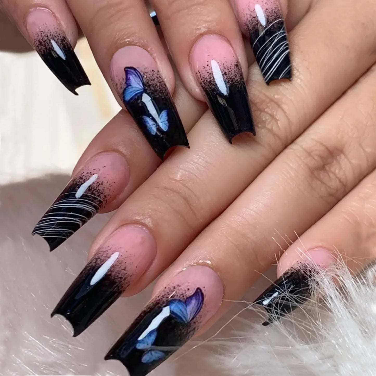 Coffin False Nails Black and White Spotted Cow Pattern Detachable French Ballerina Fake Nails Full Cover Press On Nails Tips - - DYAVOR®