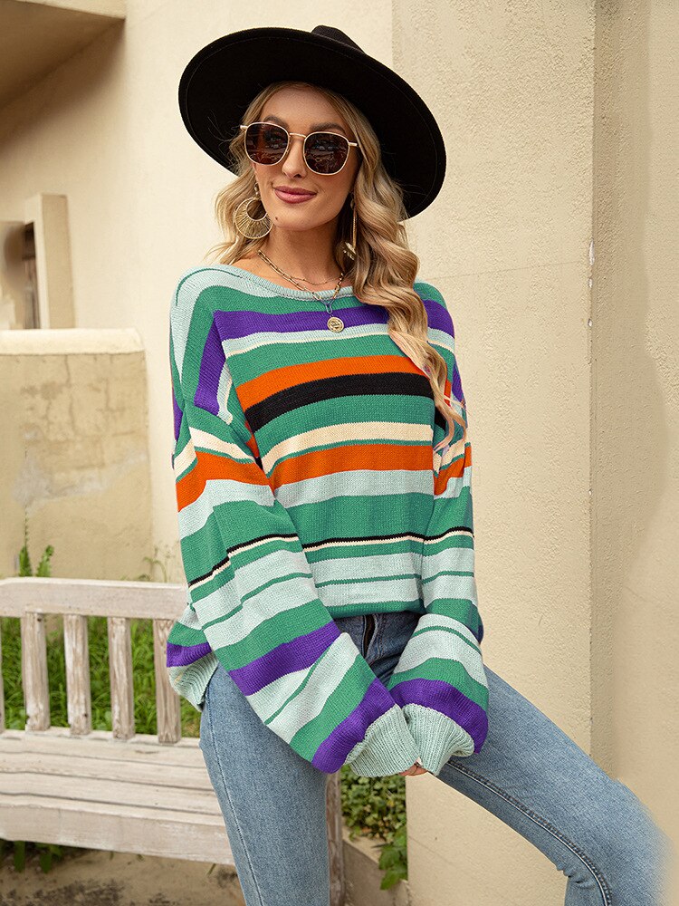 2022 Autumn Winter New Women's Striped Pullover Round Neck Loose Knit Sweater Casual Street Oversized Sweater Women Sweaters Top - - DYAVOR®