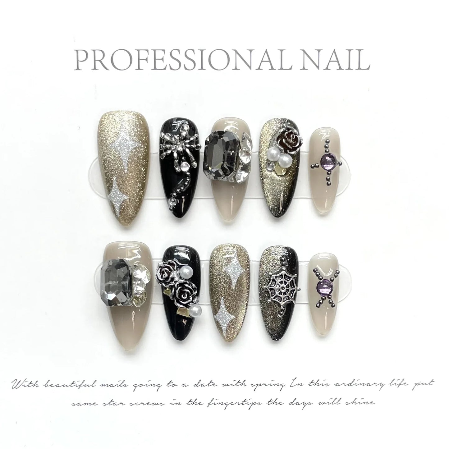 10pcs almond cat eyes handmade short press on nails full cover ballet stick on nails w designs diamond white acrylic nails tips - - DYAVOR®