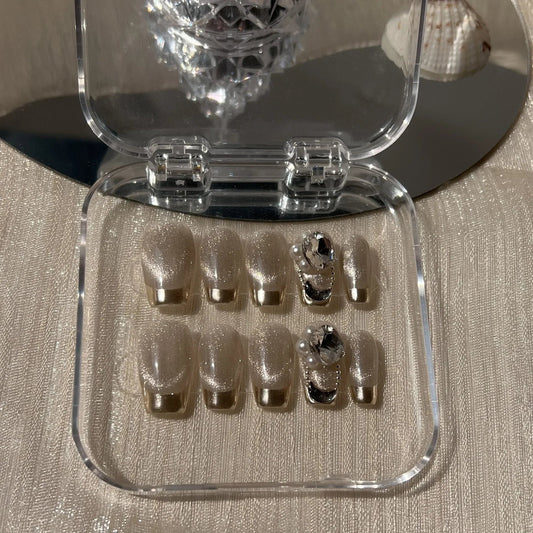 10pcs Handmade short french artificial nails cat eyes shiny rhinestones full cover press on nails ballet false nails with glue -  - DYAVOR®