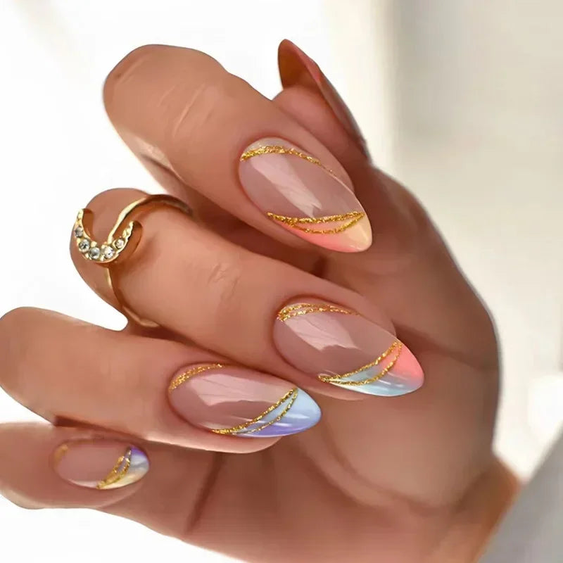 24Pcs Frosting False Nail almond with Golden Glitter Designs French Rhinestone Manicure Stiletto Fake Nails Set Press on Nails