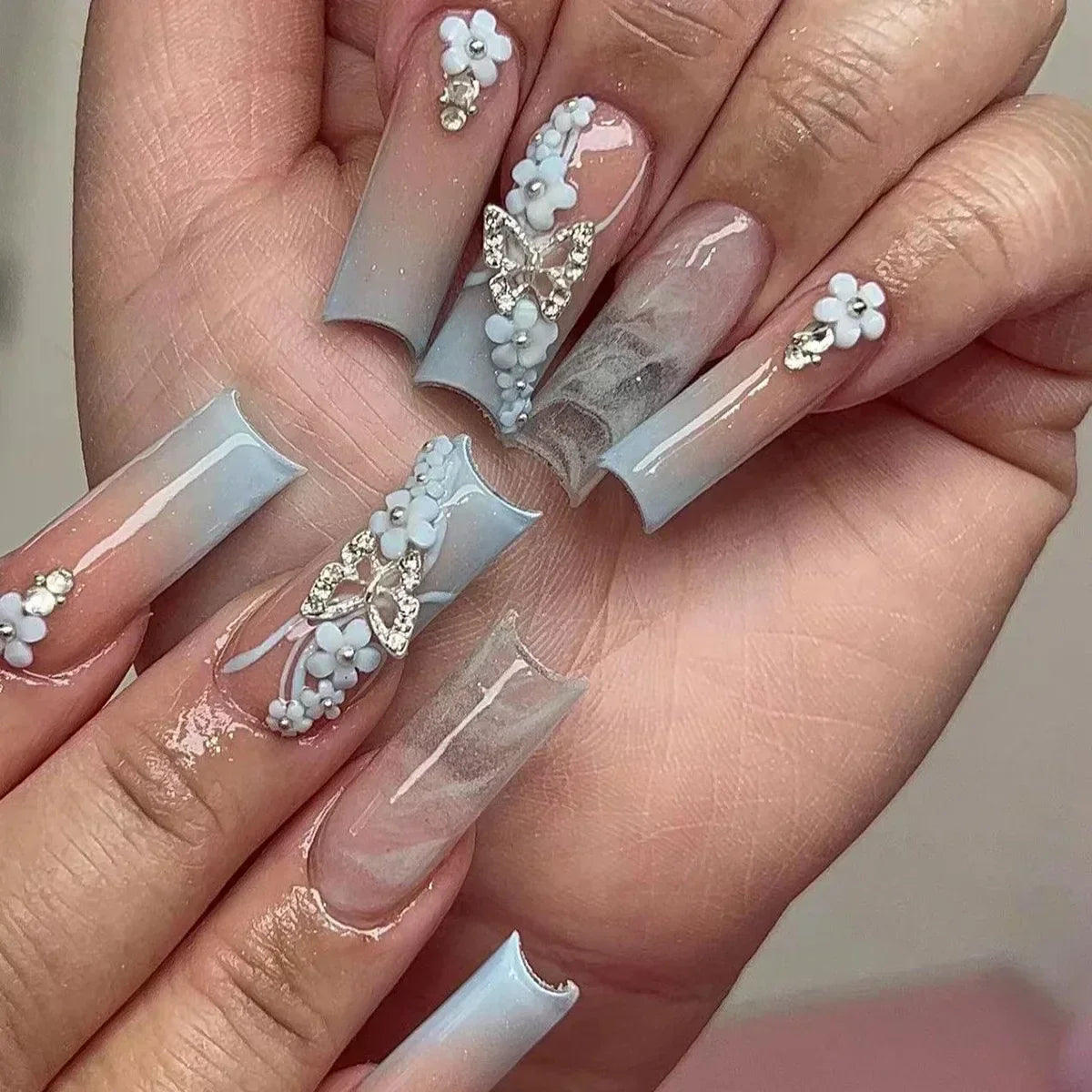24Pcs Pink Bow Design False Nails Long Ballet Press on Nails with Pearl Wearable Coffin Fake Nails French Square Finger Nail