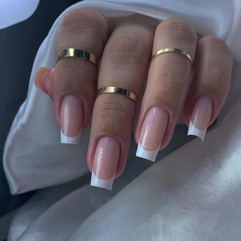 24Pcs Long Ballet Fake Nails Shiny White French Coffin False Nails Simple Wearable Manicure Press on Nails Full Cover Nail Tips - - DYAVOR®