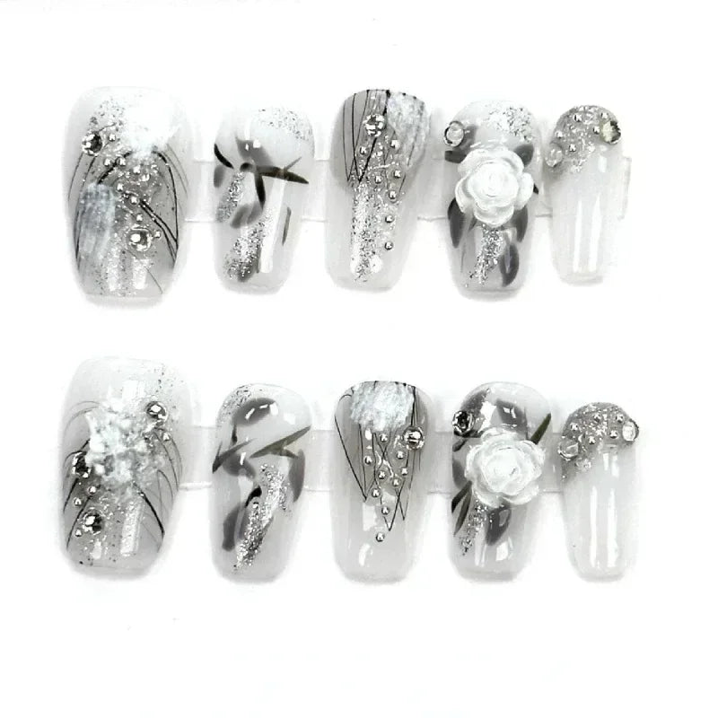 10PCS Handmade Finished Fake Nail Press on Bamboo Poetry Chinese False Nails with Glue Decorated Nails Art Stick on Nails - - DYAVOR®