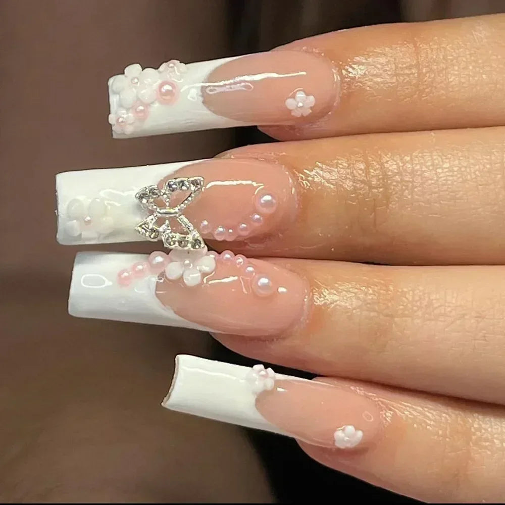24Pcs Pink Bow Design False Nails Long Ballet Press on Nails with Pearl Wearable Coffin Fake Nails French Square Finger Nail