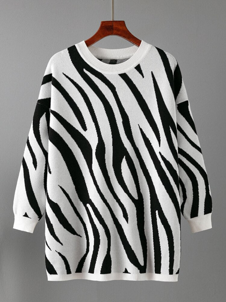 Fashion Woman Blouse 2023 Sweater Autumn Winter New Zebra Pattern Fashion Pullover Round Neck Long Sleeve Top Loose Knitwears - - DYAVOR®