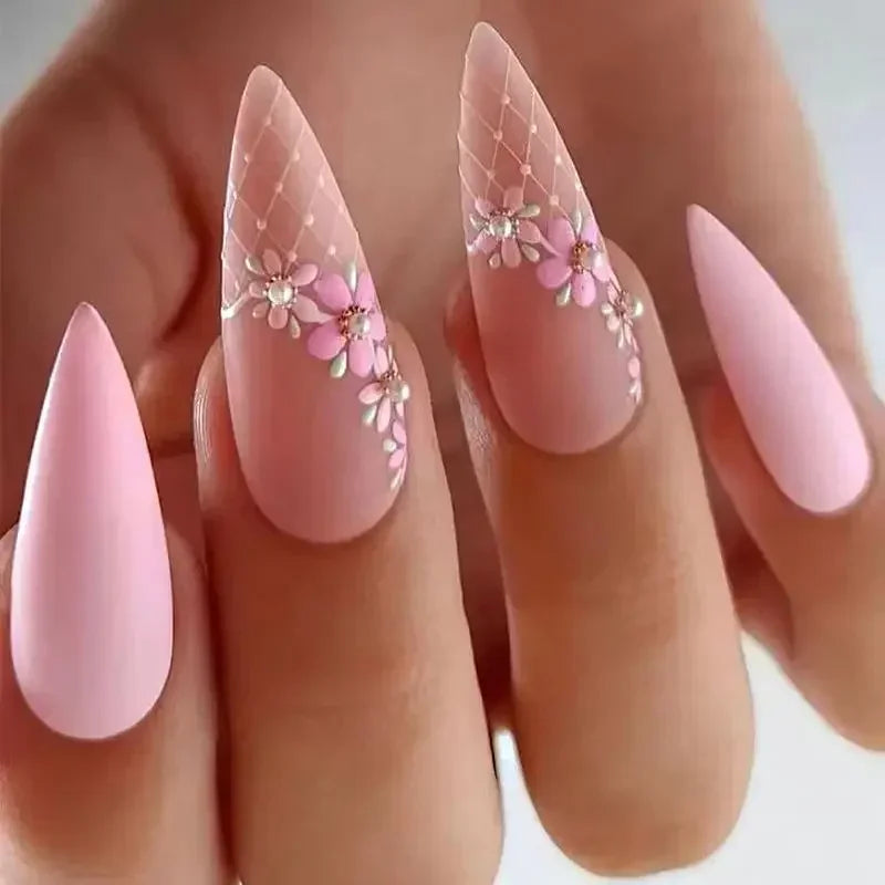 24Pcs Frosting False Nail almond with Golden Glitter Designs French Rhinestone Manicure Stiletto Fake Nails Set Press on Nails - - DYAVOR®