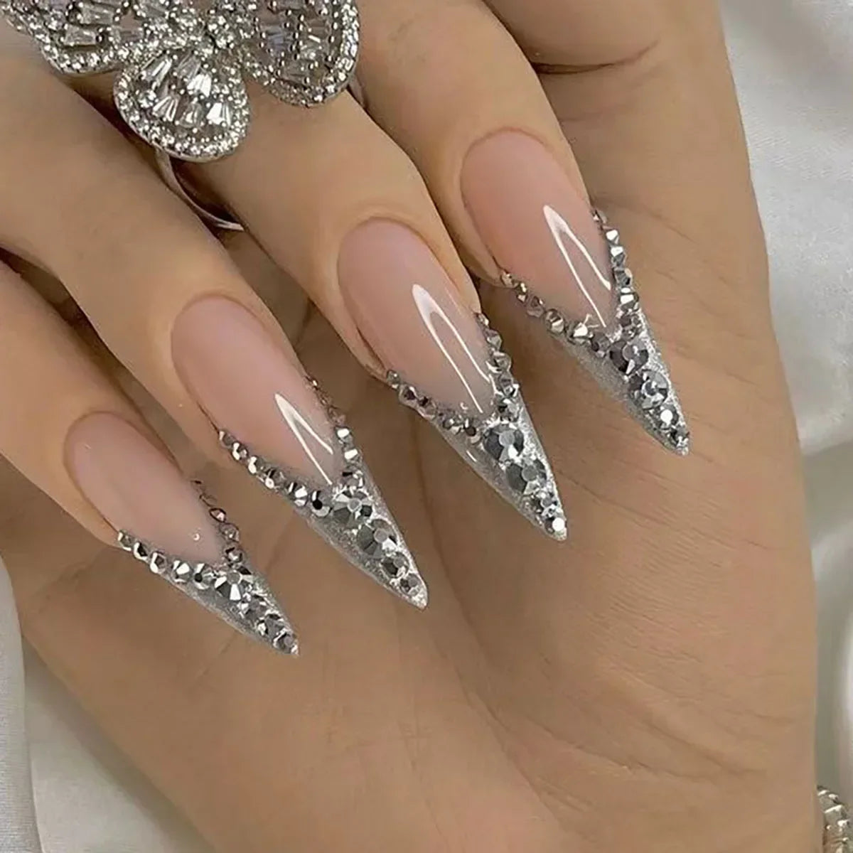 24Pcs Extra Long Stiletto False Nails Pointy French Fake Nails Glitter Detachable Almond Press on Nails Full Cover Nail Tips - - DYAVOR®