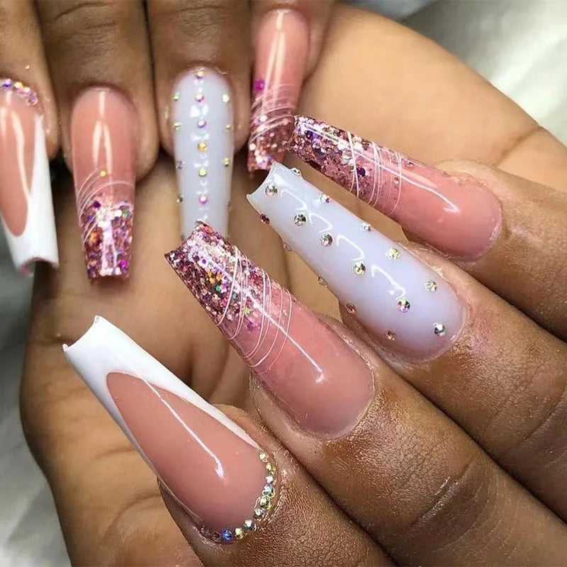 wearable full cover long ballet French coffin white False Nails with glue matte red black pink white artificial nails press on - - DYAVOR®
